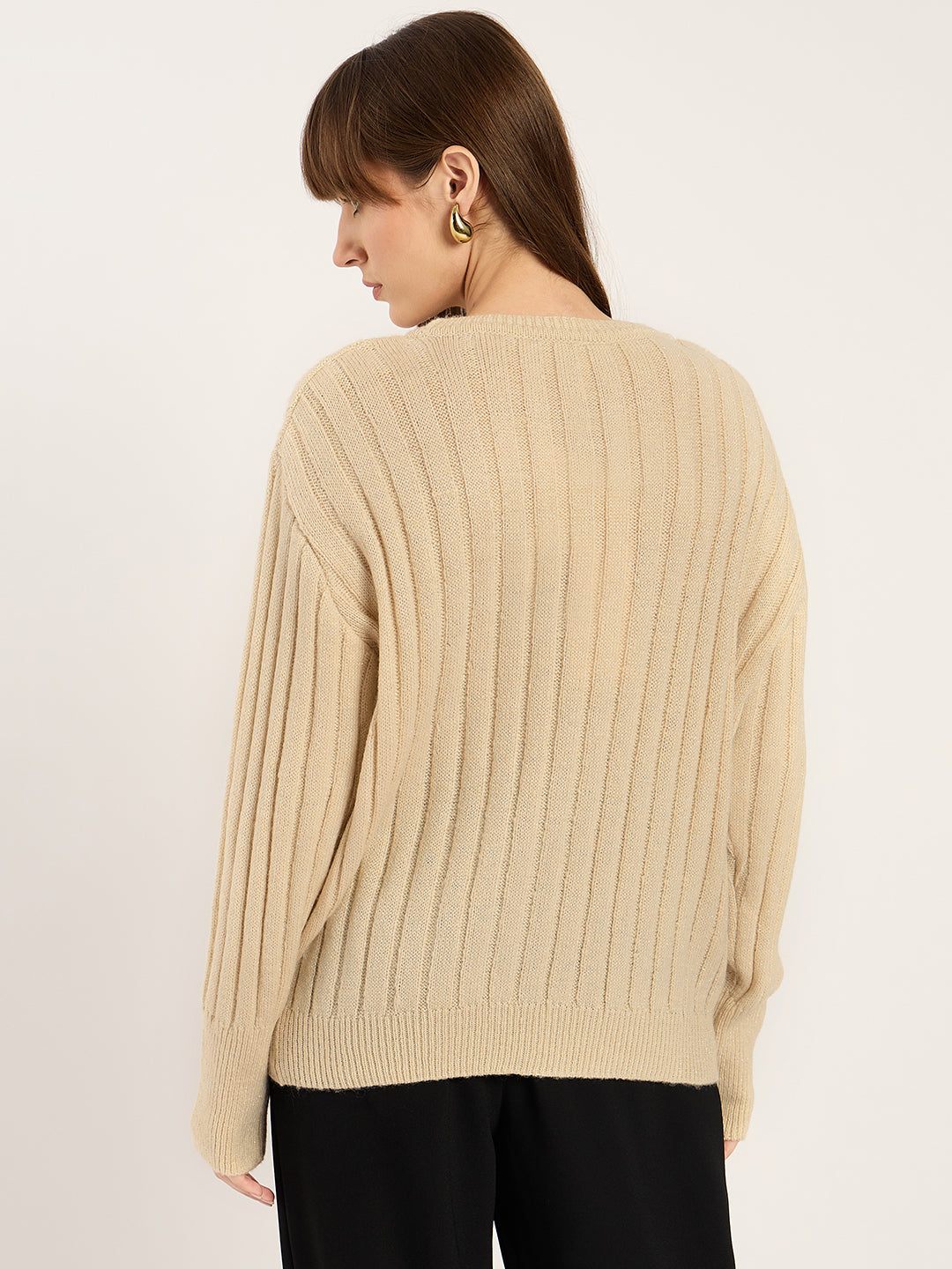 Beige Lurex Crew Neck Sweater