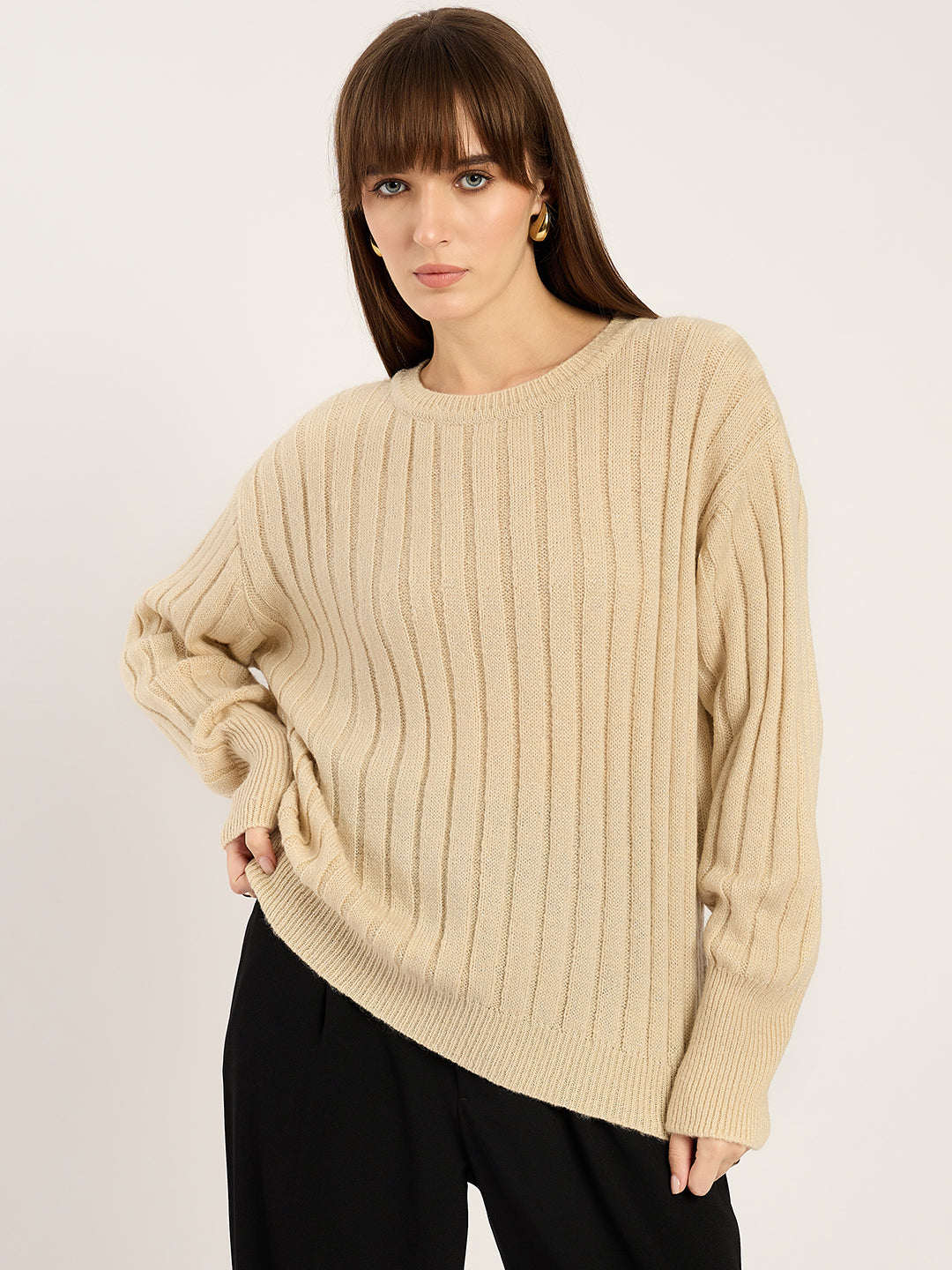 Beige Lurex Crew Neck Sweater