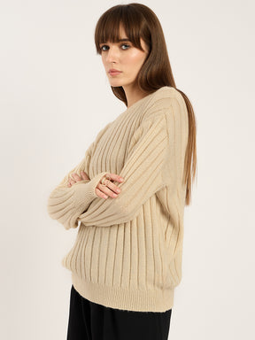 Beige Lurex Crew Neck Sweater