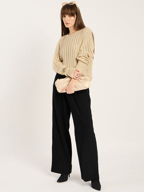 Beige Lurex Crew Neck Sweater