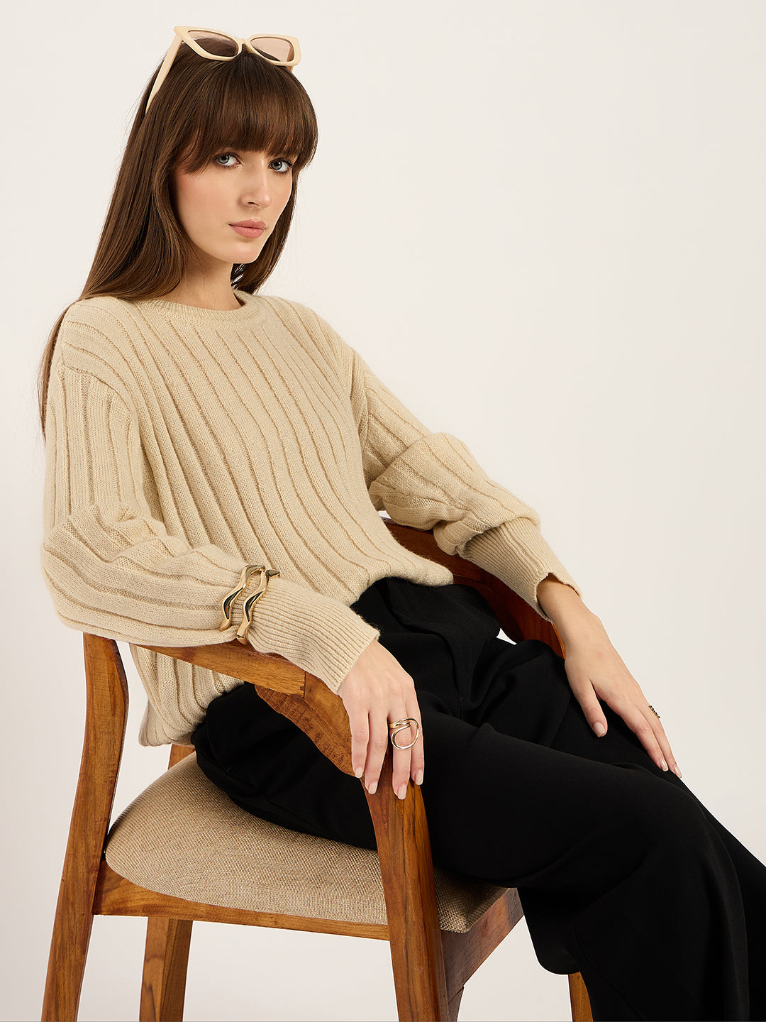 Beige Lurex Crew Neck Sweater