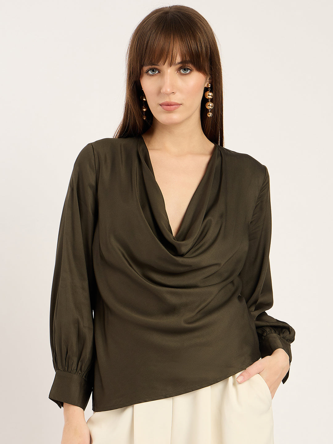 Olive Cowl Asymmetrical Top