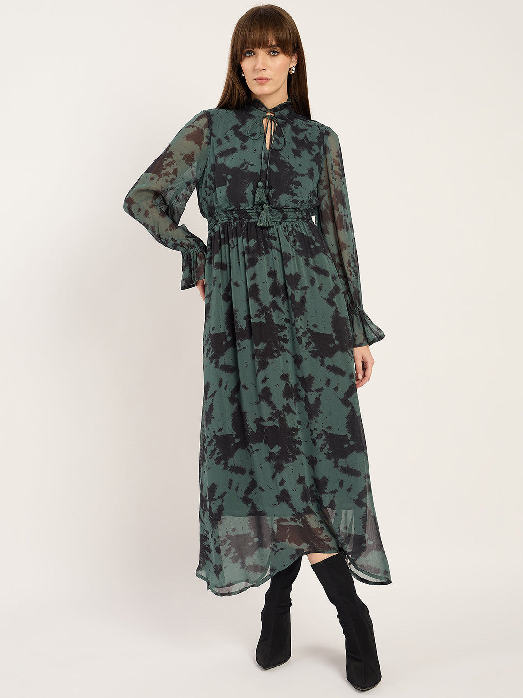 Green Abstract Print Cinched Waist Maxi Dress