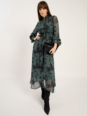 Green Abstract Print Cinched Waist Maxi Dress