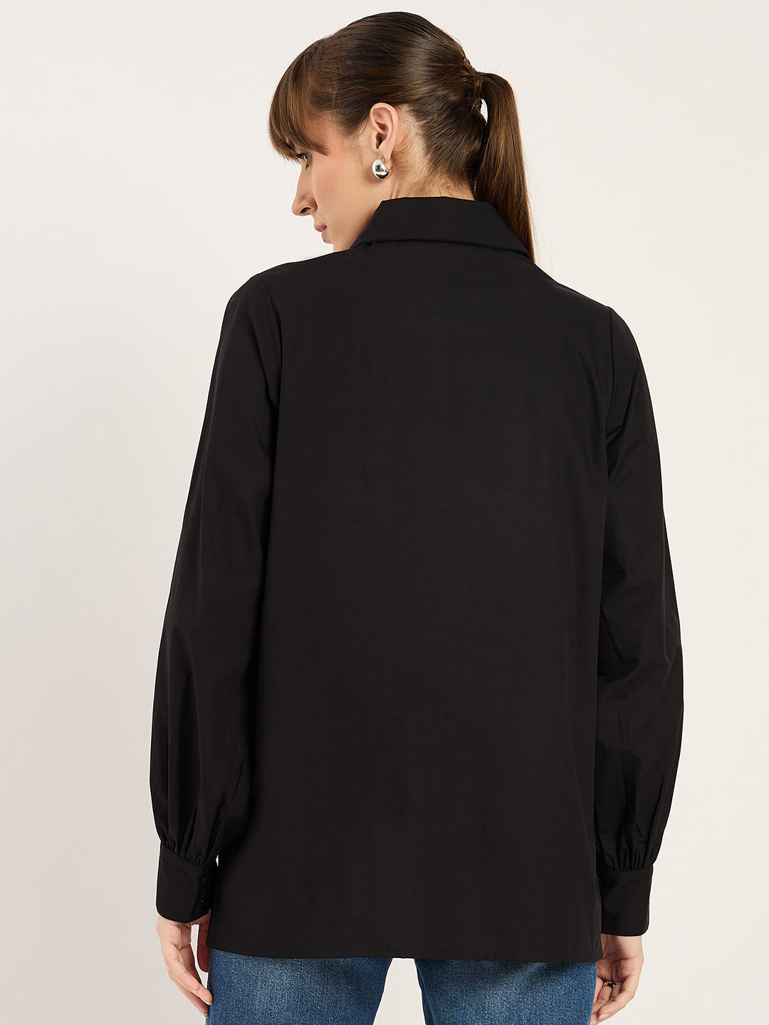 Black Ruffle Detailing Poplin Shirt