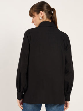 Black Ruffle Detailing Poplin Shirt