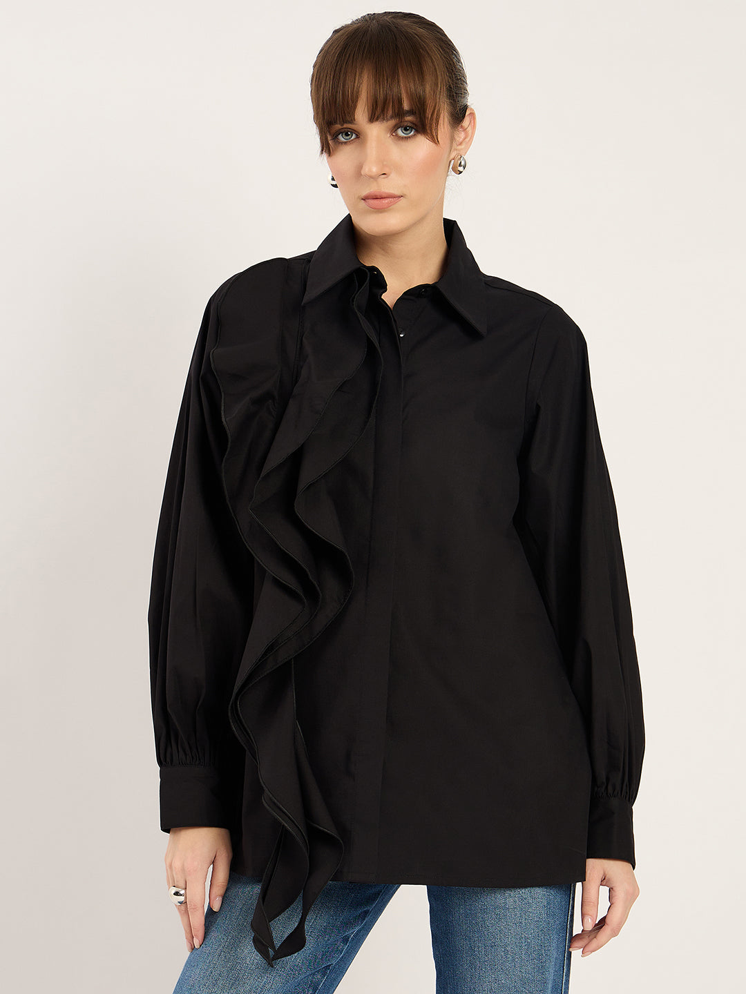 Black Ruffle Detailing Poplin Shirt