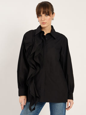 Black Ruffle Detailing Poplin Shirt