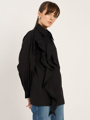 Black Ruffle Detailing Poplin Shirt