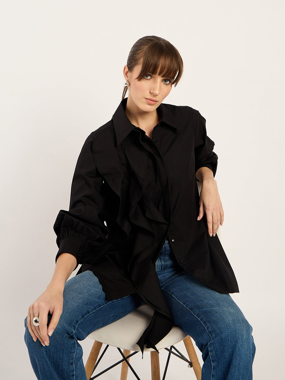 Black Ruffle Detailing Poplin Shirt