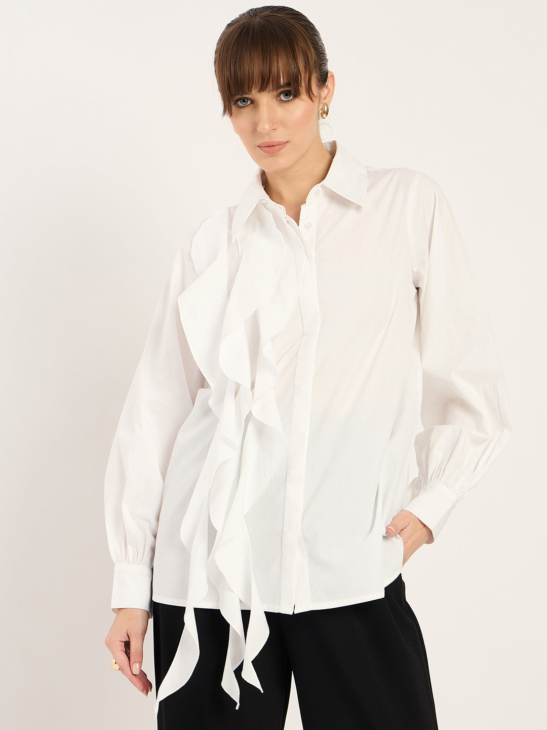 White Ruffle Detailing Poplin Shirt