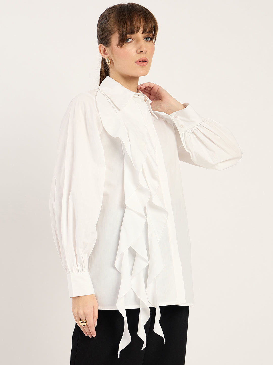 White Ruffle Detailing Poplin Shirt