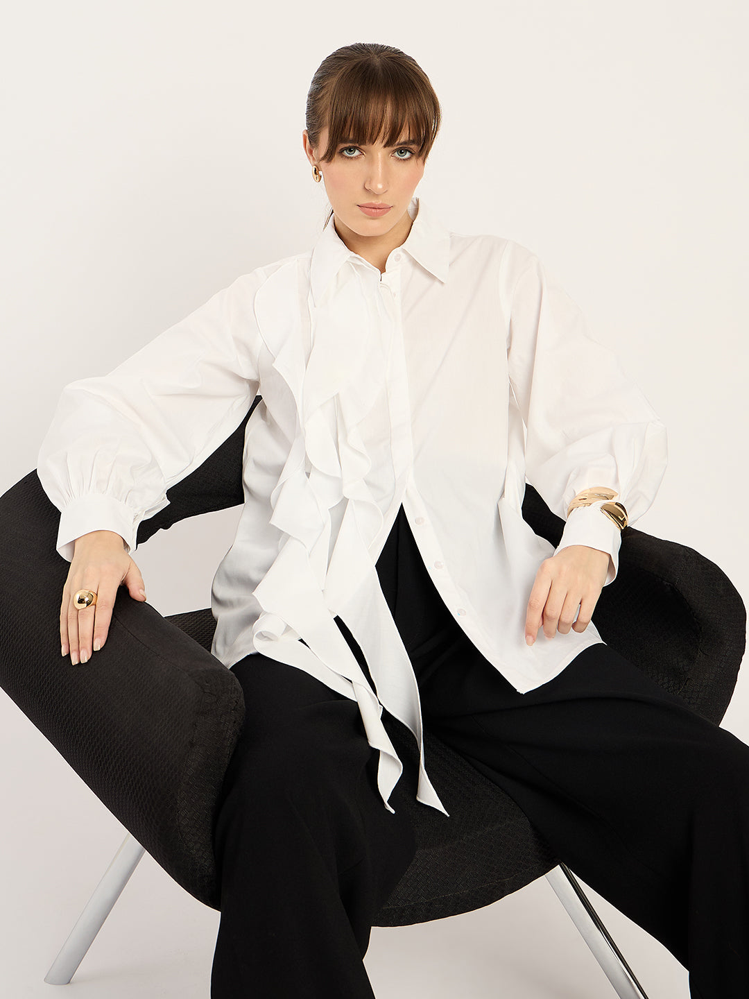 White Ruffle Detailing Poplin Shirt