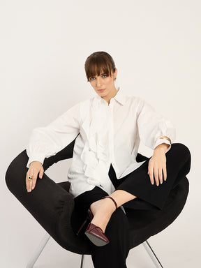 White Ruffle Detailing Poplin Shirt