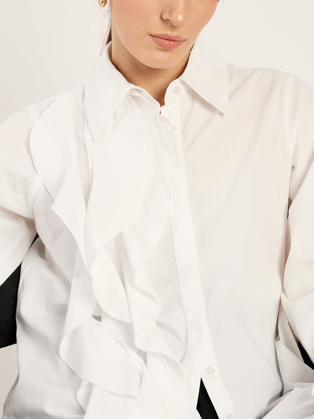 White Ruffle Detailing Poplin Shirt