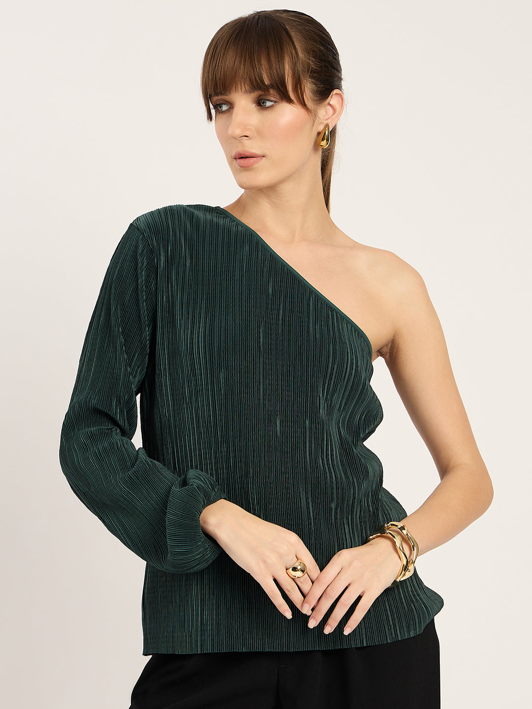 Green Plisse One Shoulder Top