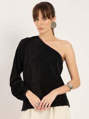 Black Plisse One Shoulder Top