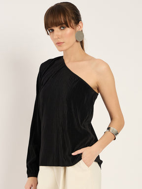 Black Plisse One Shoulder Top