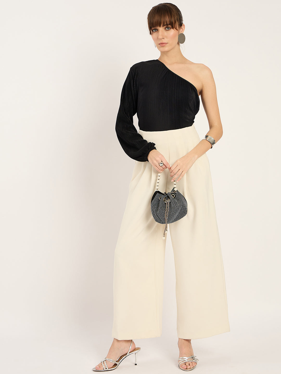 Black Plisse One Shoulder Top