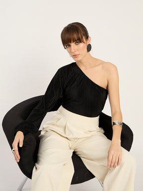 Black Plisse One Shoulder Top