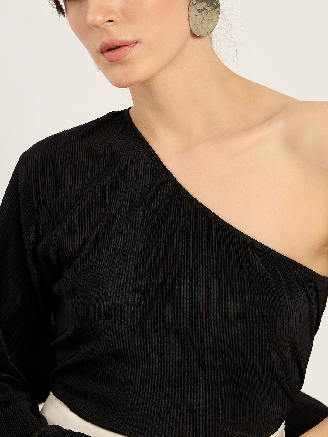 Black Plisse One Shoulder Top