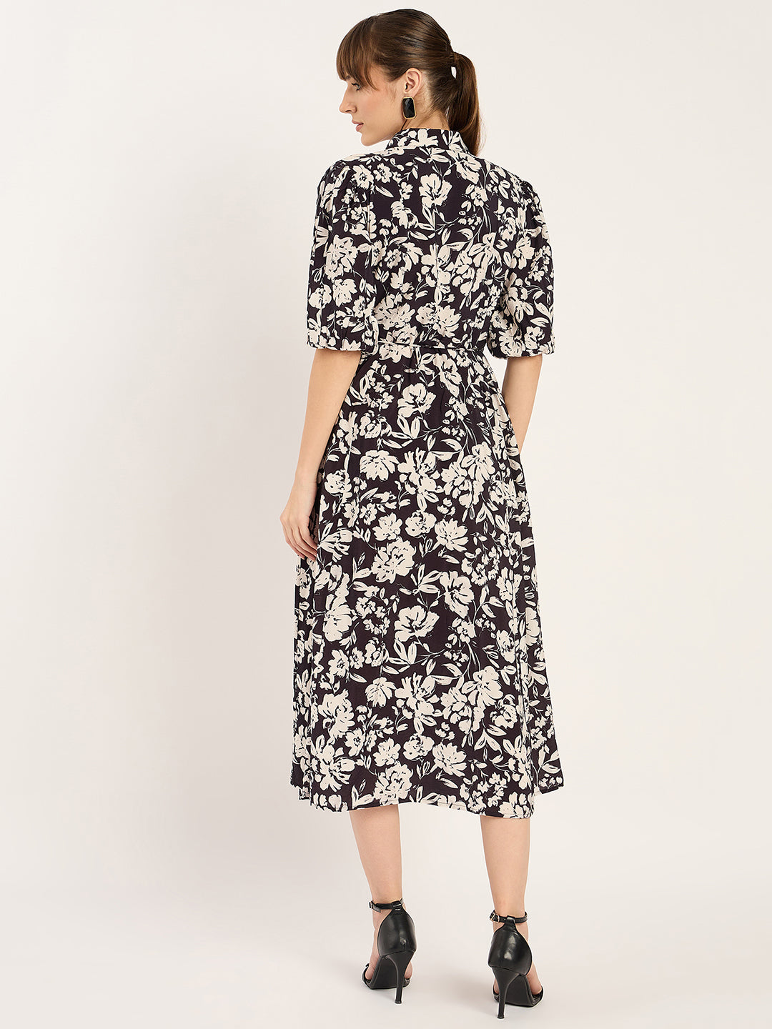 Black And White Floral Print Midi Dress