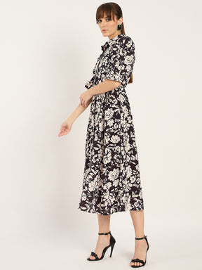 Black And White Floral Print Midi Dress