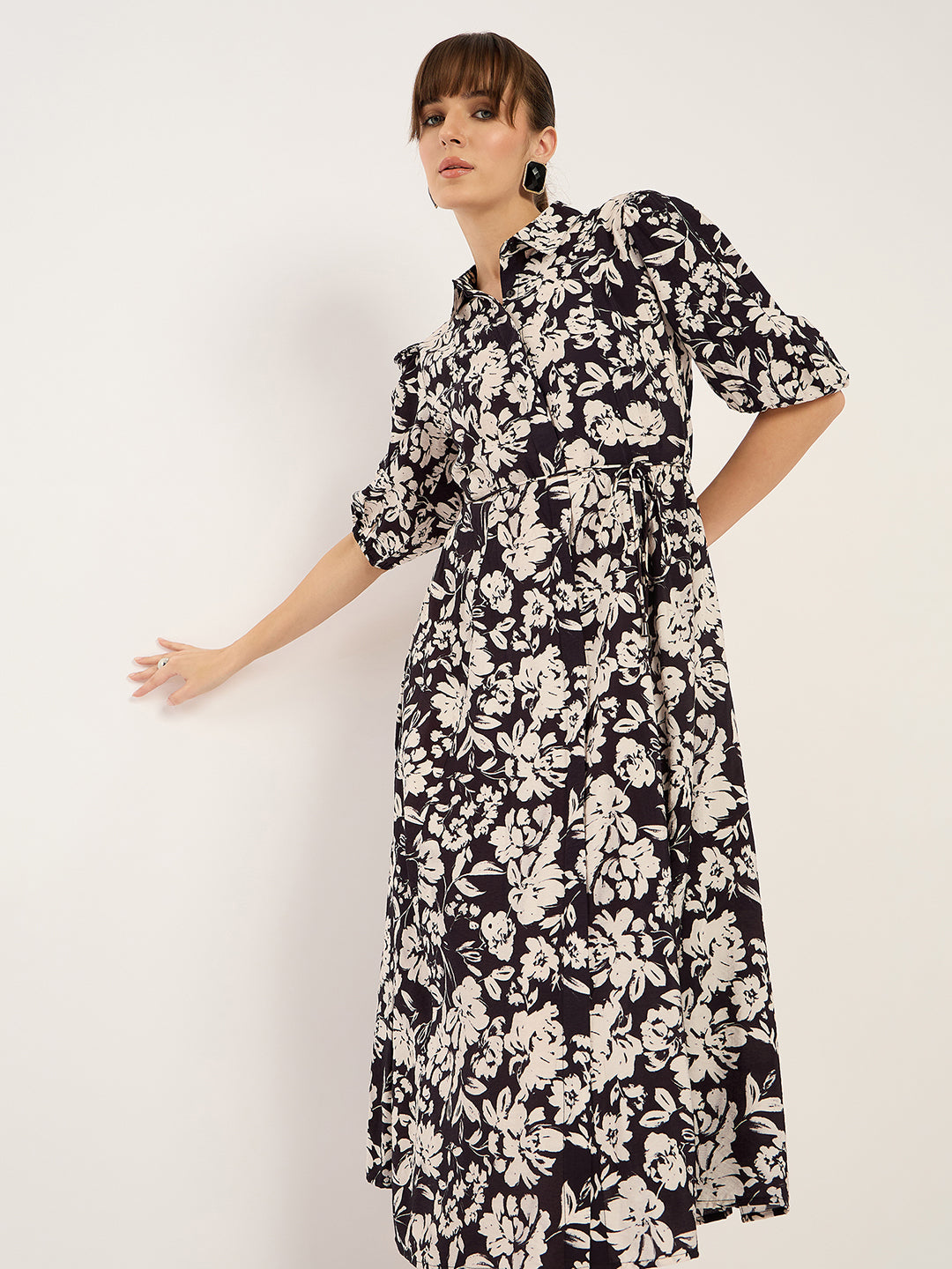 Black And White Floral Print Midi Dress