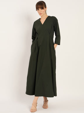 Olive Pleat Detailing Poplin Maxi Dress