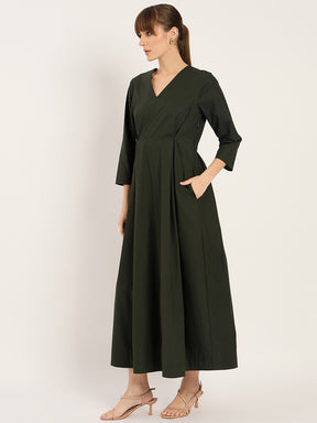 Olive Pleat Detailing Poplin Maxi Dress