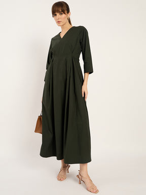 Olive Pleat Detailing Poplin Maxi Dress