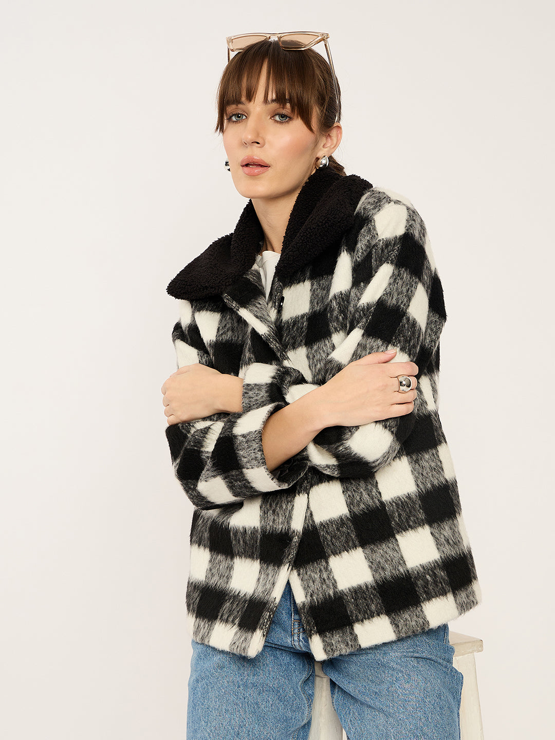 Black And White Plaid Fur Jacket