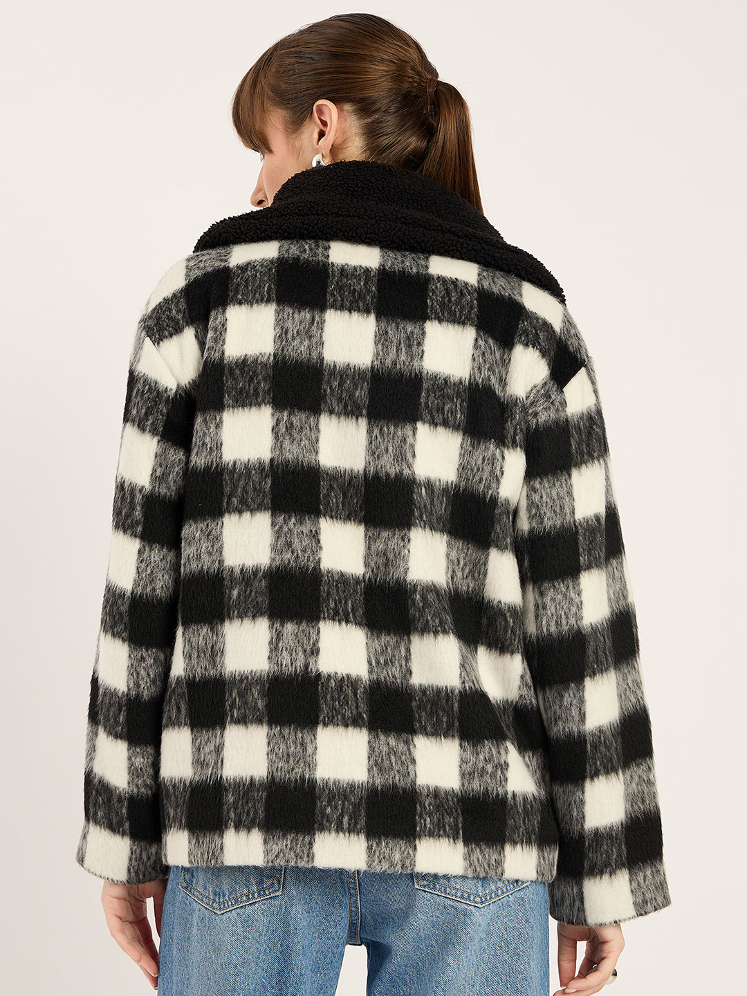 Black And White Plaid Fur Jacket