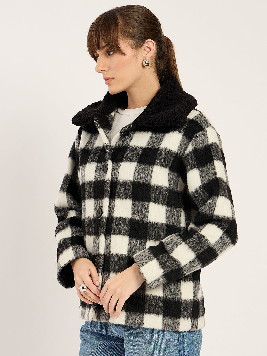 Black And White Plaid Fur Jacket