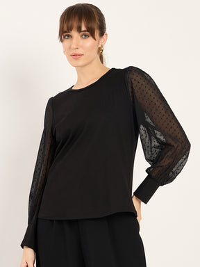 Black Round Neck Dobby Sleeves Top