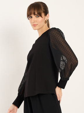 Black Round Neck Dobby Sleeves Top