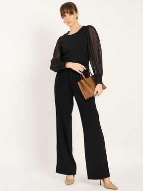 Black Round Neck Dobby Sleeves Top