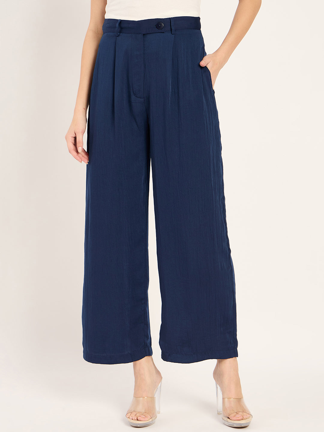 Navy Satin Straight Pant