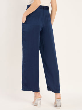 Navy Satin Straight Pant