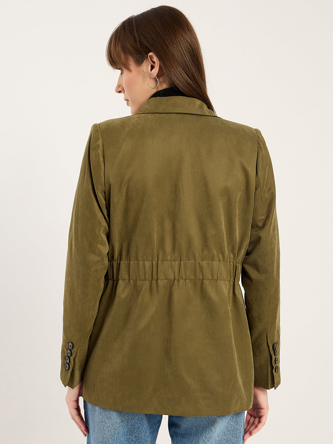 Olive Cinched Waist Cityscape Blazer