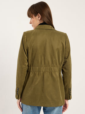 Olive Cinched Waist Cityscape Blazer