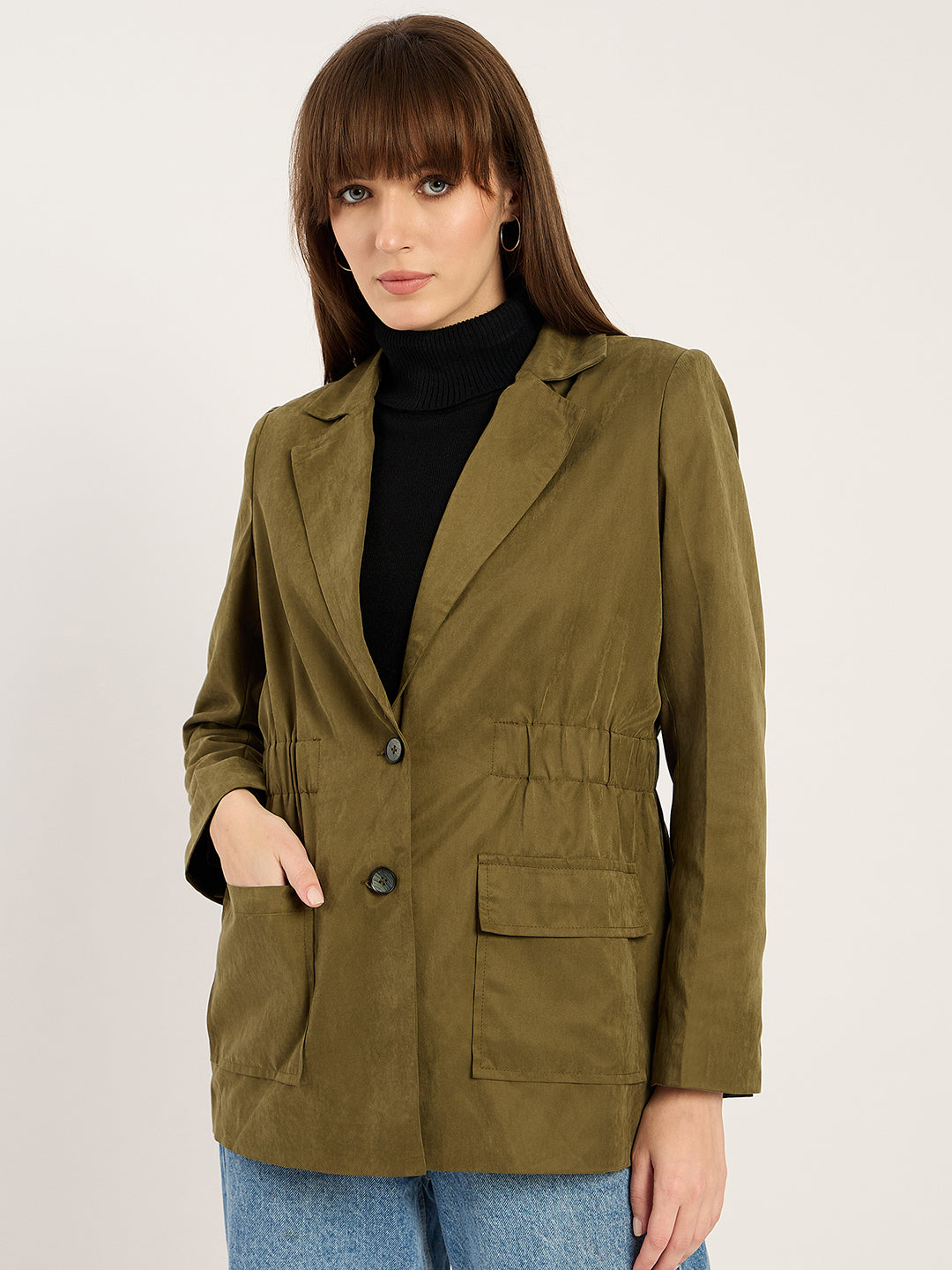 Olive Cinched Waist Cityscape Blazer