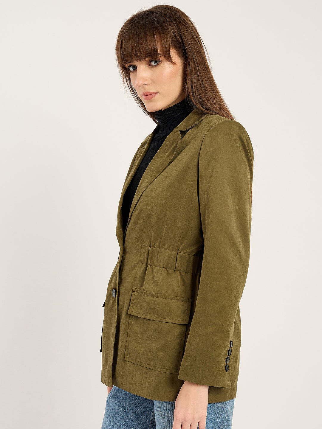 Olive Cinched Waist Cityscape Blazer