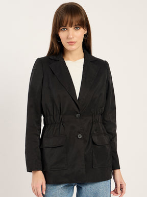 Black Cinched Waist Cityscape Blazer