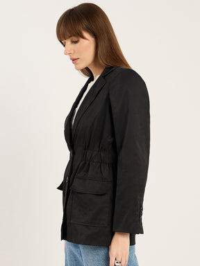 Black Cinched Waist Cityscape Blazer