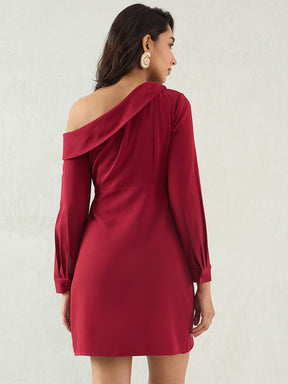 Maroon One Shoulder Wrap Mini Dress