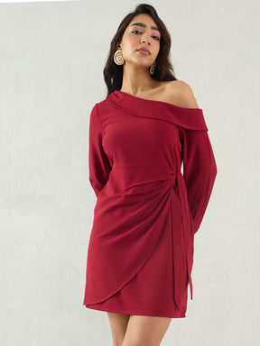 Maroon One Shoulder Wrap Mini Dress