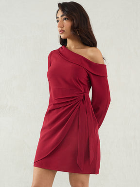 Maroon One Shoulder Wrap Mini Dress