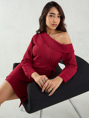 Maroon One Shoulder Wrap Mini Dress