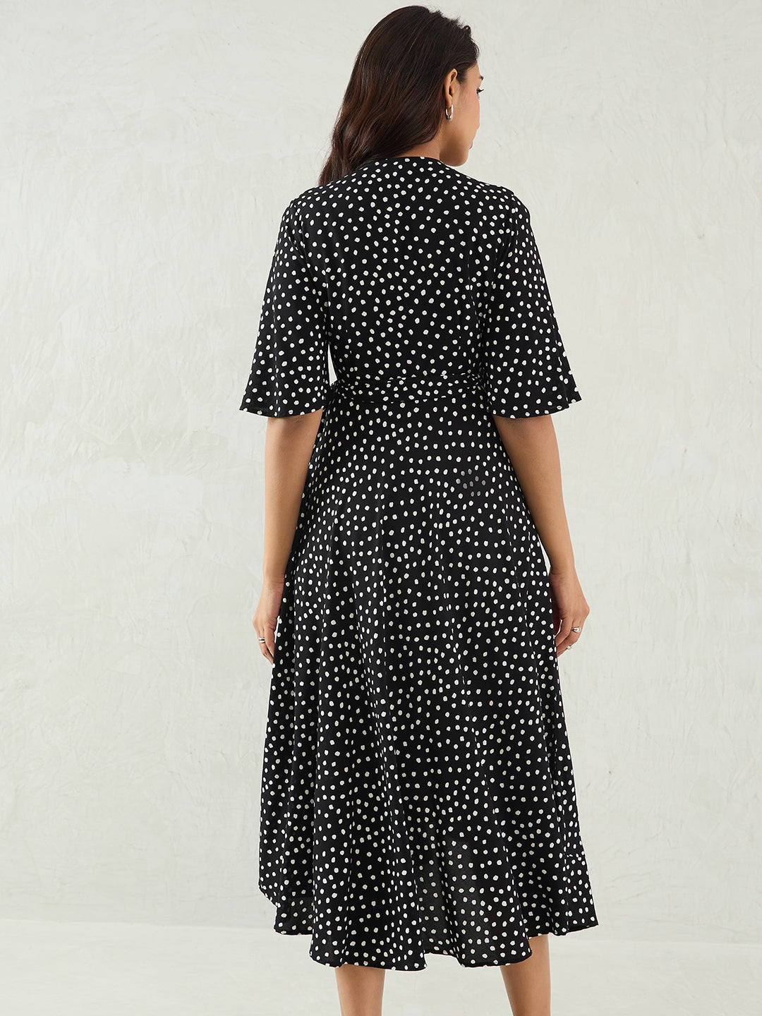 Black Polka Wrap Midi Dress